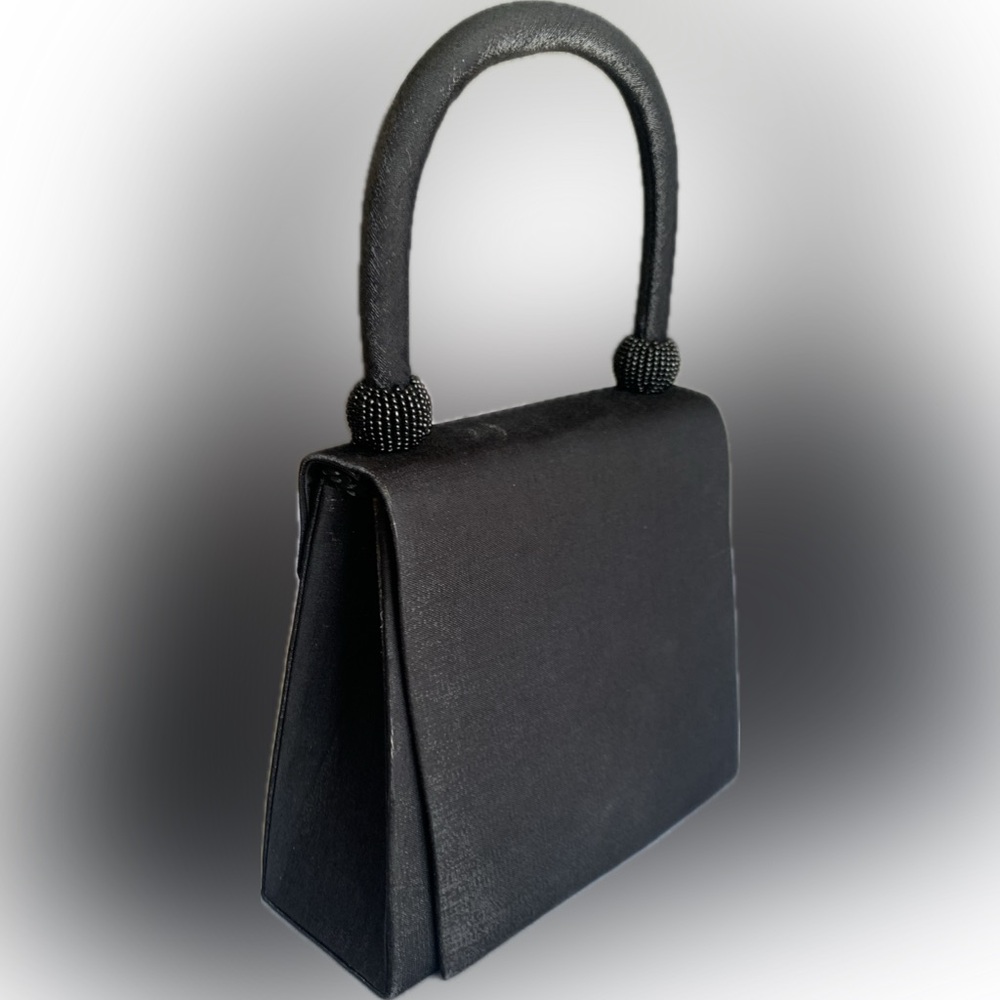 Little black satin evening designer style purse with long & top handle
